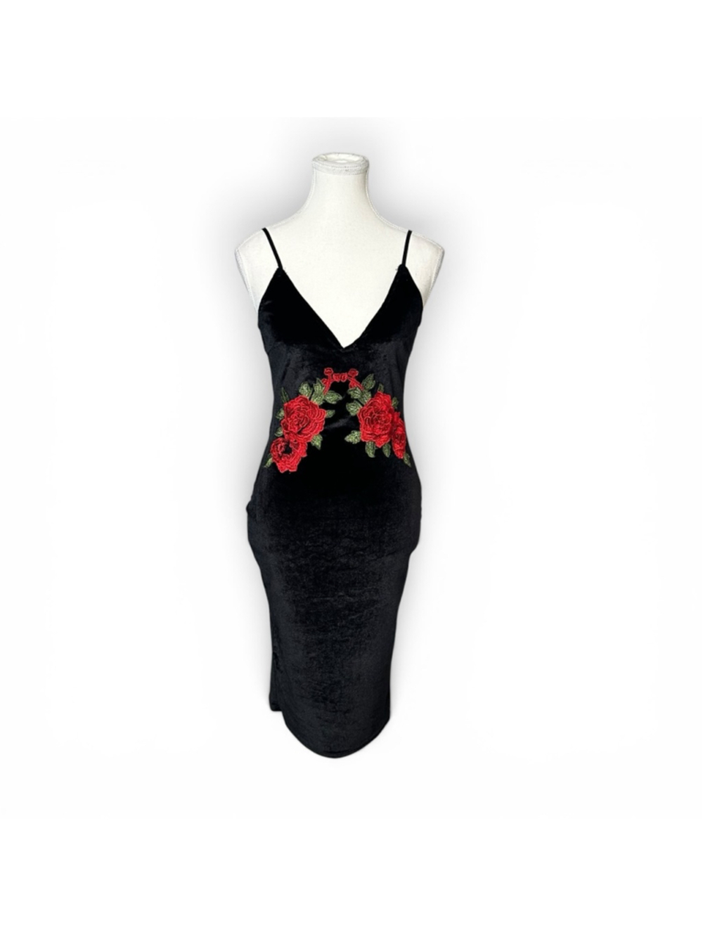 Black Velvet Rose Embroidered Midi Dress Goth Romantic Coquette Slip Dress